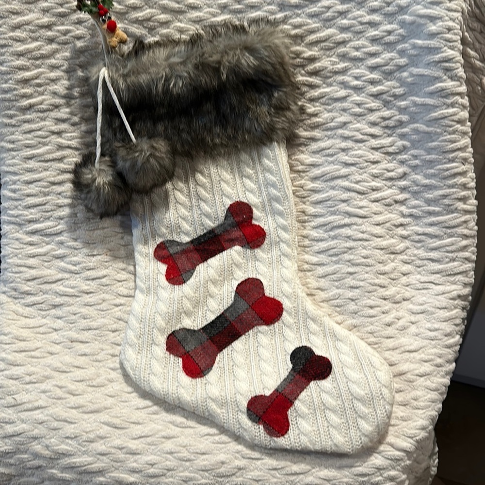 Dog Stocking creme knit with Bones -Faux Fur Band Tassels